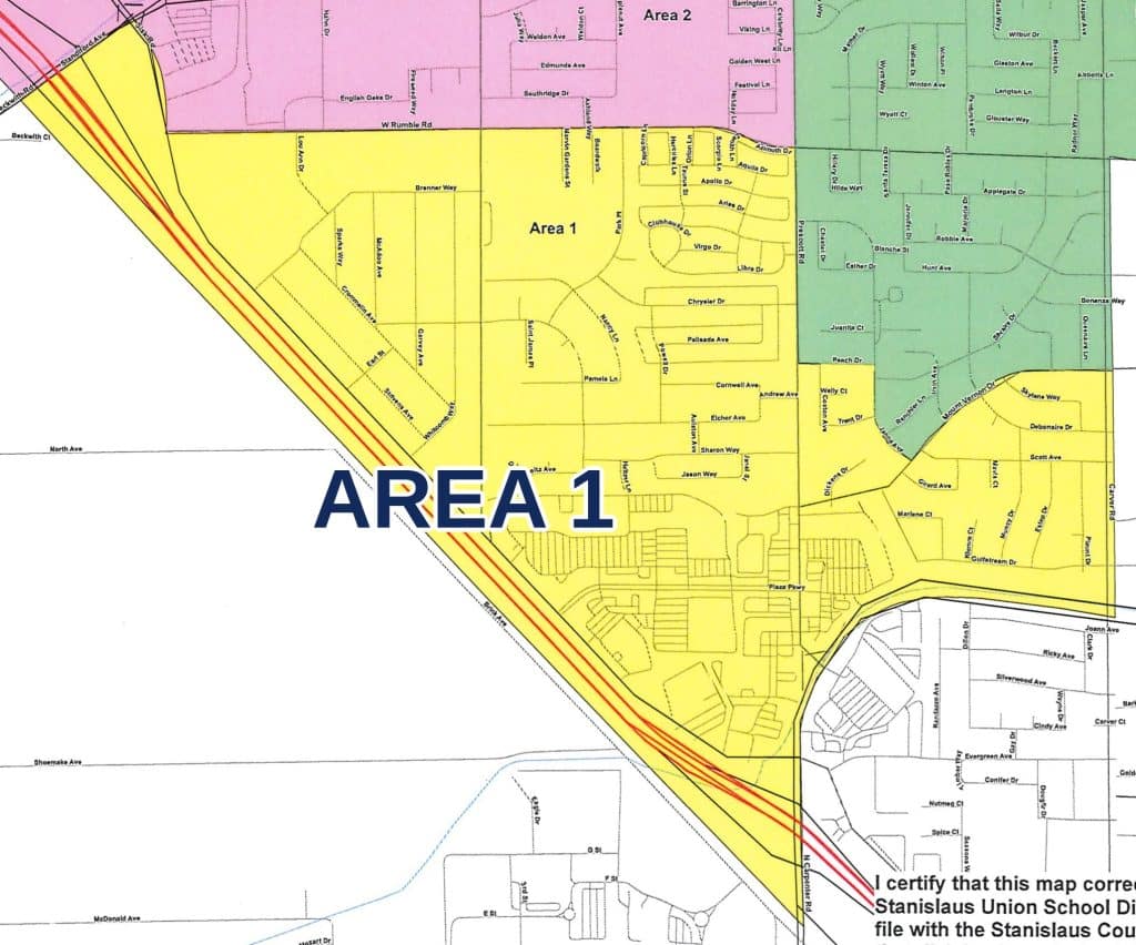 Map of Sylvan Unified School District Area 1 boundary, Modesto CA